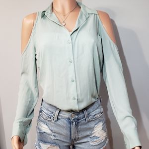 Express Pale Mint Green Cold-Shoulder Button-Up Blouse